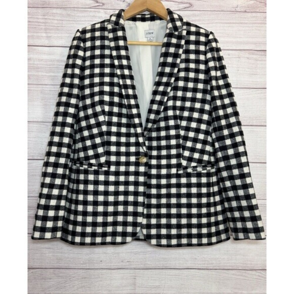J Crew Size 8 Trendy Chic White-Black/Ivory Buffalo Check Wool-Blend Blazer